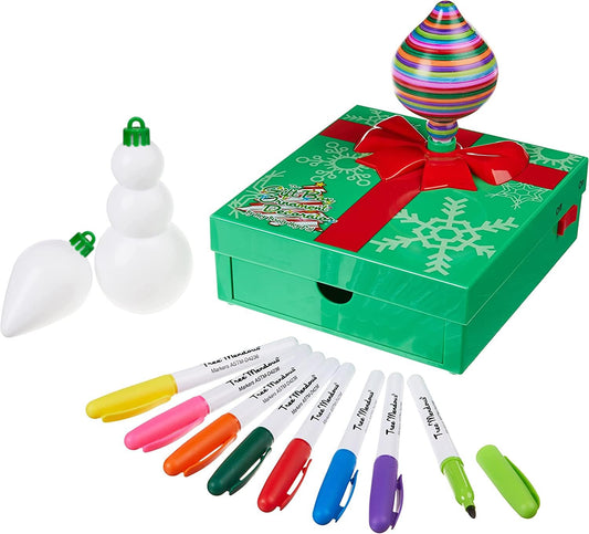 The Treemendous Gift Box Ornament Decorator - DIY Ornament Decorating Arts and Crafts Kit - Includes Gift Box Spinner, 3 Unique Ornaments and 8 Colorful Quick Drying Markers - Ages 3 and Up