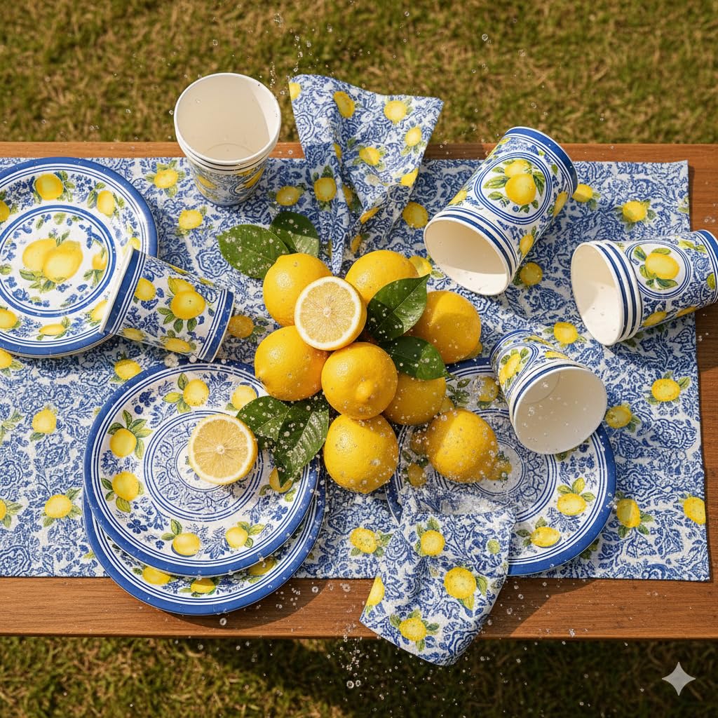 Elegant Disposable Tableware Set | 81 Pcs | Serves 20 Guests l 20 Extra Thick Paper Party Plates + 20 Cups + 20 Napkins + 1 Large Tablecloth | Perfect for Events, Baby Showers, Weddings & Picnics.