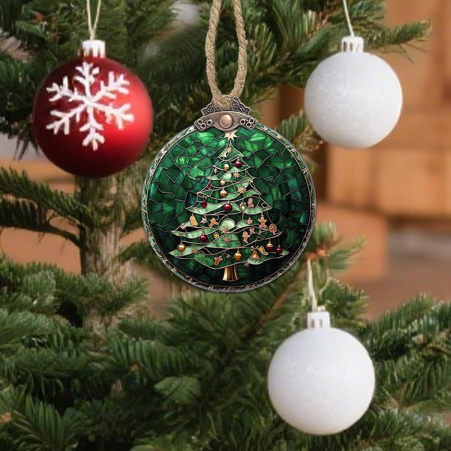 CRISGIF Stained Glass Christmas Decorations, Small Bell Pendant Suncatcher for Window Christmas Tree Hanging Ornaments Retro Green Sun Catcher Xmas Decor Gifts for Women Men Mom Nana Friend