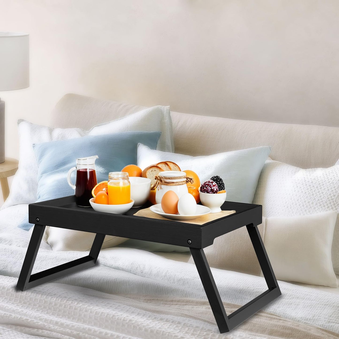 Bamboo Bed Tray Table with Folding Leg, Breakfast in Bed Tray for Eating,Kitchen Serving,Food, Sofa, Snacking or Working, Laptop Desk Dinner(1, Black)