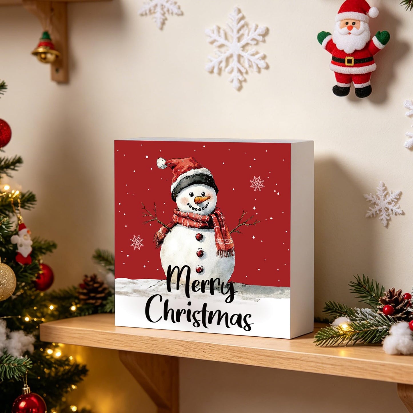 Christmas Decorations Indoor Christmas Decor Table Winter Home Room Snowman Office Bathroom Wood Box Sign Rustic Wooden Shelf Desk Decor Season Sign House Warming Gifts 5.9 x 5.9 Inch