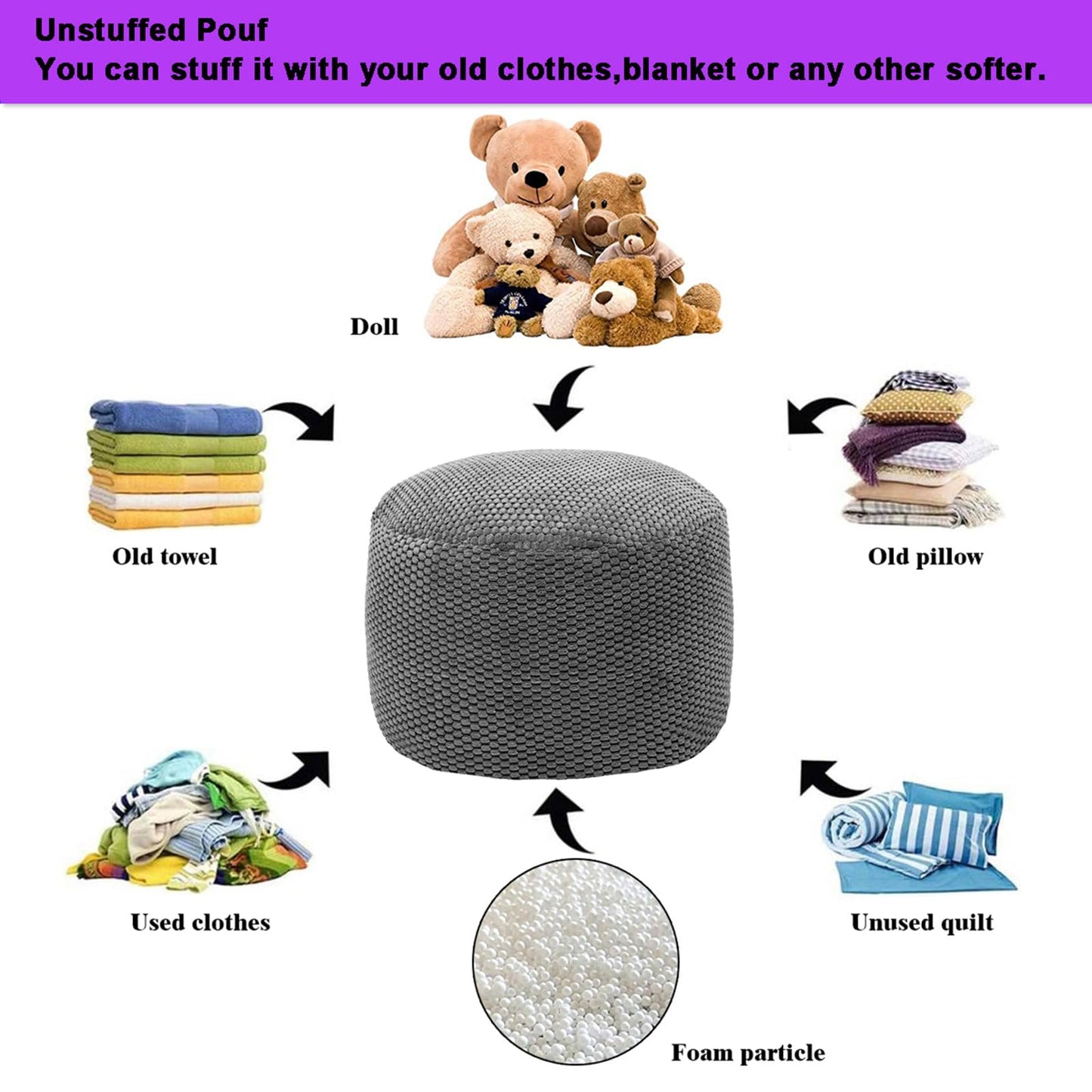 Poofieotto Unstuffed Pouf Ottoman Cover Handmade Footstool Ottoman Storage Solution Floor Pouf Footrest Cushion 20Diameterx12Height Inches for Living Room Wedding Dark Gray