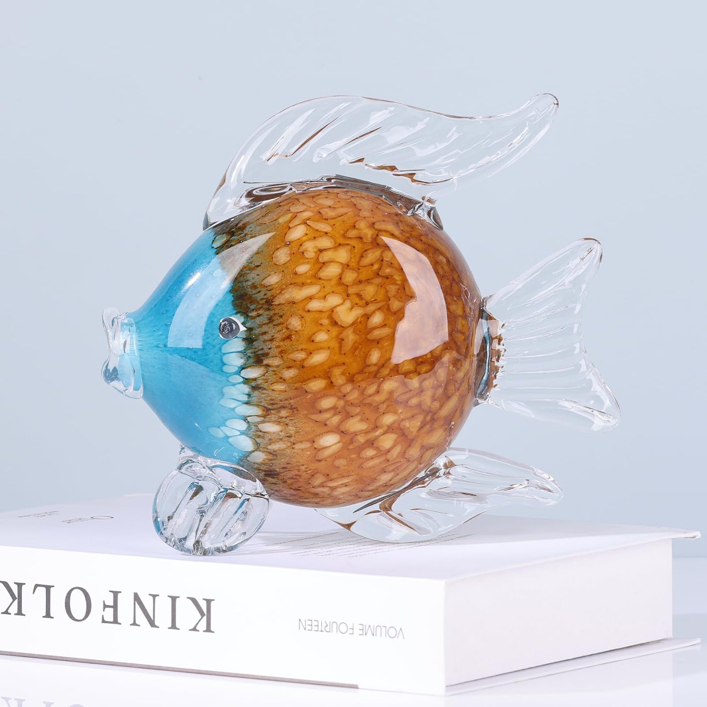 LCCCK Large Glass Fish Figurines Hand Blown Glass Fish Statue and Sculpture Home Decor, Murano Animal Tropical Sea Glass Paperweights for Desk, Glass Aquarium Coastal Beach Decorative (Brown)