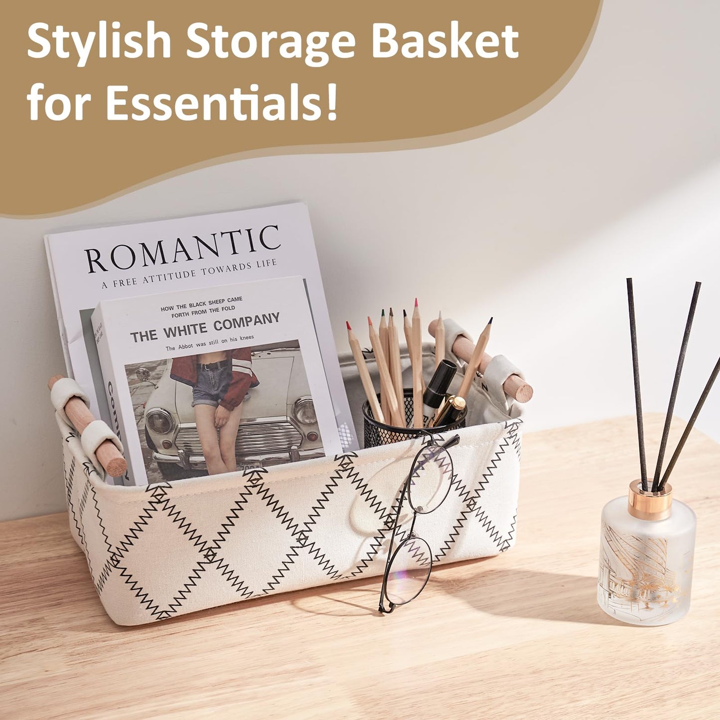 Toilet Tank Basket for Bathroom Storage - Holds 2-4 Toilet Paper Rolls, Small Decorative Basket with Wood Handles, Collapsible Organizer for Countertop, Shelf, Boho Home Décor, 12.5"x7"x4.5", White
