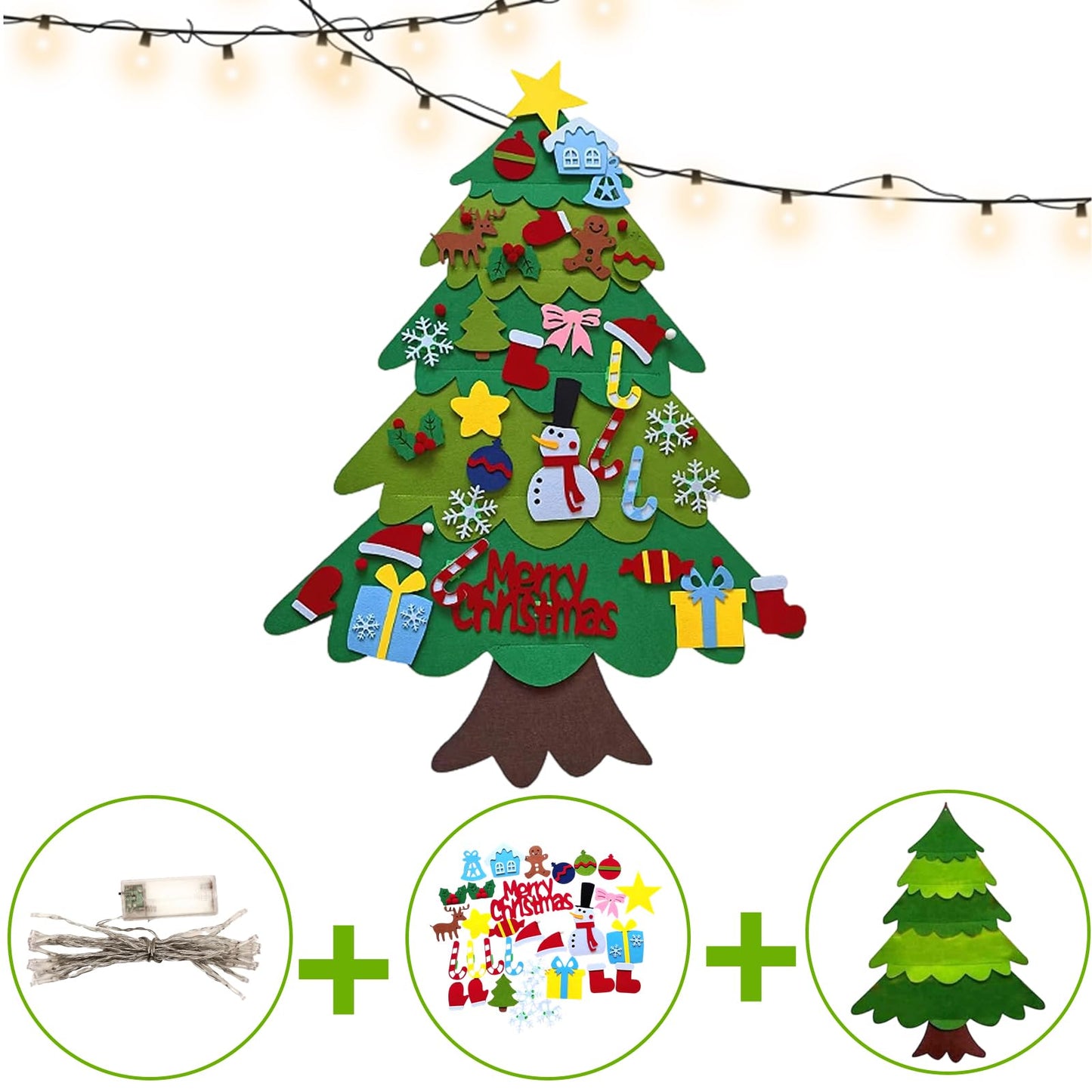 NUOKOU Montessori Felt Christmas Tree for Toddlers, DIY Felt Christmas Tree Set with 32pcs Detachable Ornaments and Lights