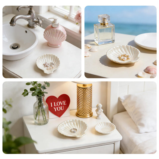 HPZIHYNAP Jewelry Plate Set of 2 Ceramic Shell-Shaped Ring Dishes 3.9-inch Ring Dish & Jewelry Storage Tray