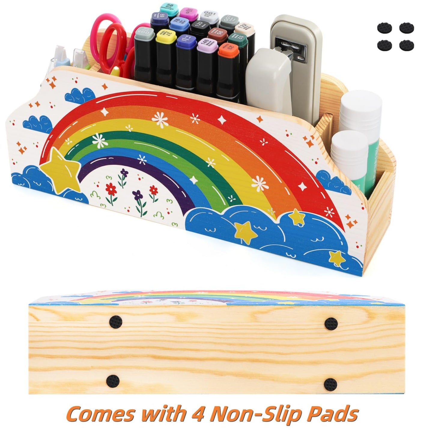 ELFULLY Rainbow Wood Pen Holder for Desk, 5-Slot Desk Organizers, Cute Pencil Holder, Office School Supplies Storage, Desktop Storage Caddy for Teacher Appreciation, Birthday Gifts, Makeup Brush