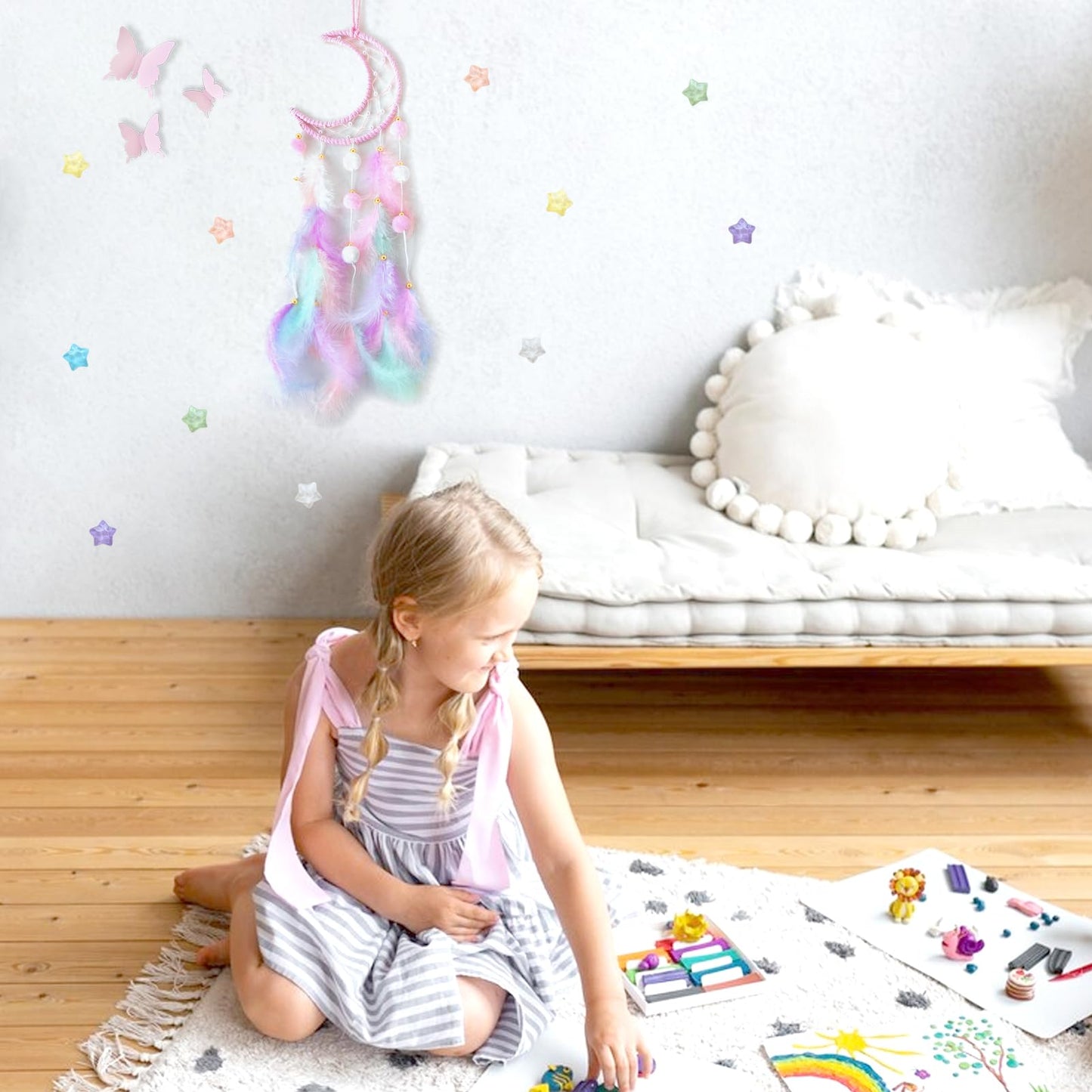Fun-Plus Pink Dream Catcher Wall Hanging Set - 10 Butterflies & 16 Stars, Boho Room Decor for Girls, Easy Peel & Stick Wall Art for Bedroom, Nursery, Teen Room for Daughter, Birthday, Christmas