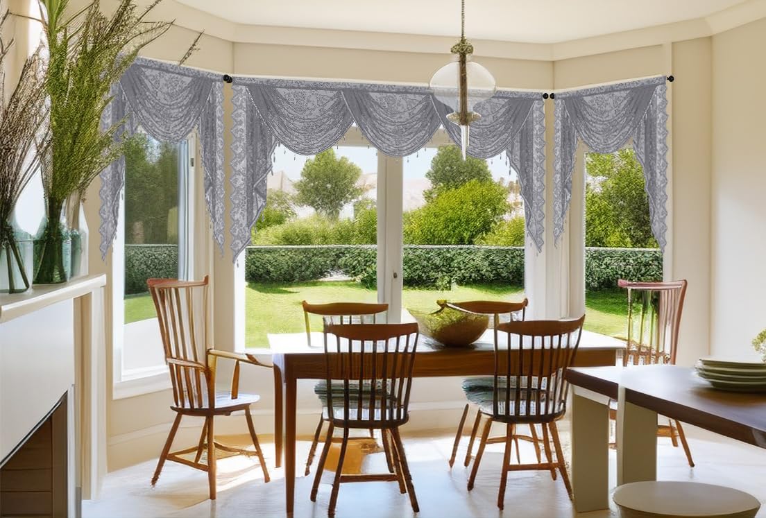 Huierxun Elegant Lace Waterfall Window Valance with Bead Tassels Floral Embroidered Valance Curtains Semi Sheer Rod Pocket Valance/Swags for Bedroom/Living Room/Kitchen/Basement (Grey,39"x41")