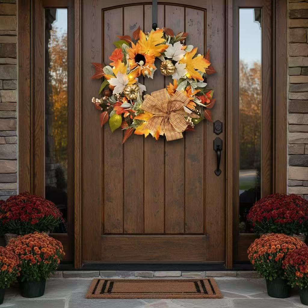FGDECORJOIE Fall Door Wreath with Sunflowers with BO 35 Warm White Light, Gold Pumpkins, Autumn Leaves, Plaid Bow, 20 inches for Fall Christmas Festival