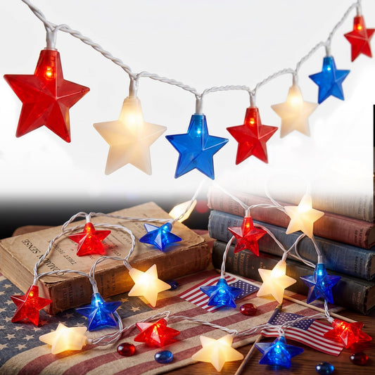 LED Red White Blue Star String Lights Plug in, 8.5Ft 4th of July Decorations Lights with 10 LED Star Light, Hanging Patriotic Outdoor Lights for Independence Day Window Home Patio Party Garden Decor