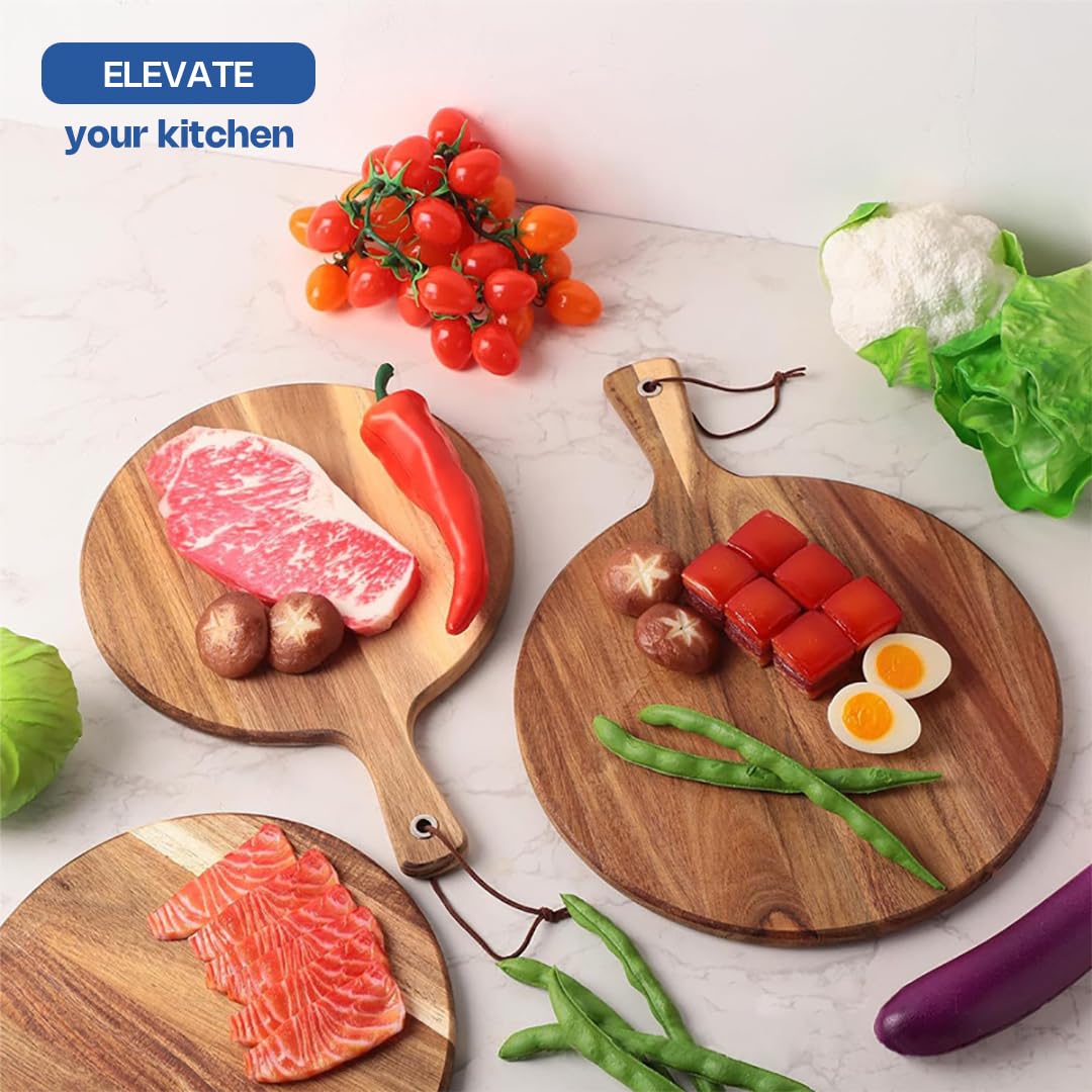 Garaten Round Acacia Wood Cutting Board with Handle - 12 Inch Wooden Charcuterie Board and Serving Platter - 0.7" Thick Acacia Wood Chopping Board for Kitchen with Leather Strap