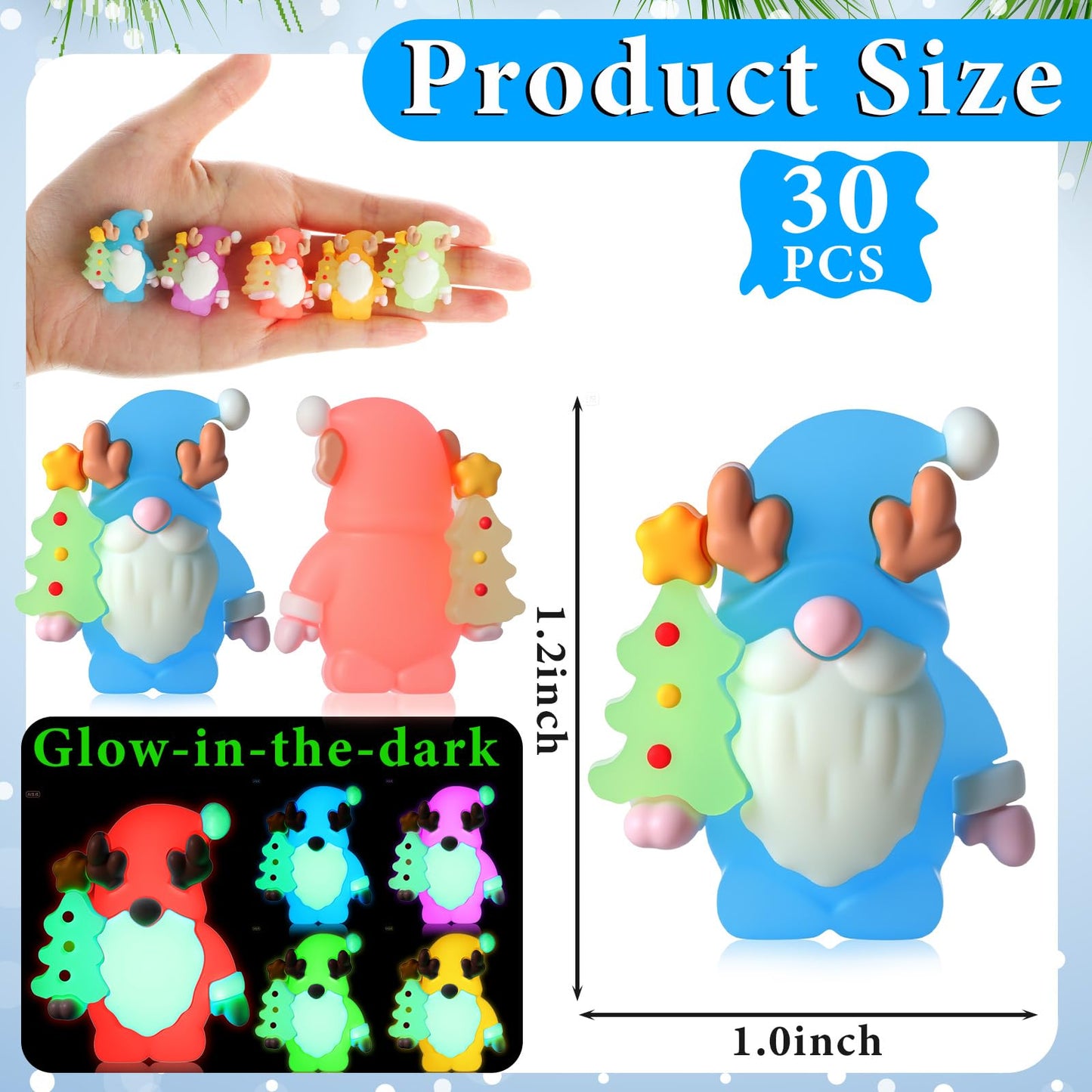Sonwyoung 30 Pcs Christmas Mini Gnomes Figurines Bulk Glow in Dark Luminous Santa Miniature Tiny Ornaments Christmas Village Decor Hide and Seek Mini Gifts Xmas Tree Home Party Craft Decoration