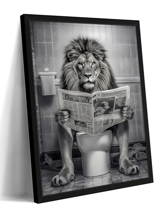 Funny Lion Bathroom Wall Art, Black and White Lion in Toilet Wall Decor, Humorous Animal Restroom Poster Canvas Painting Prints Artwork 8x10 inch Framed