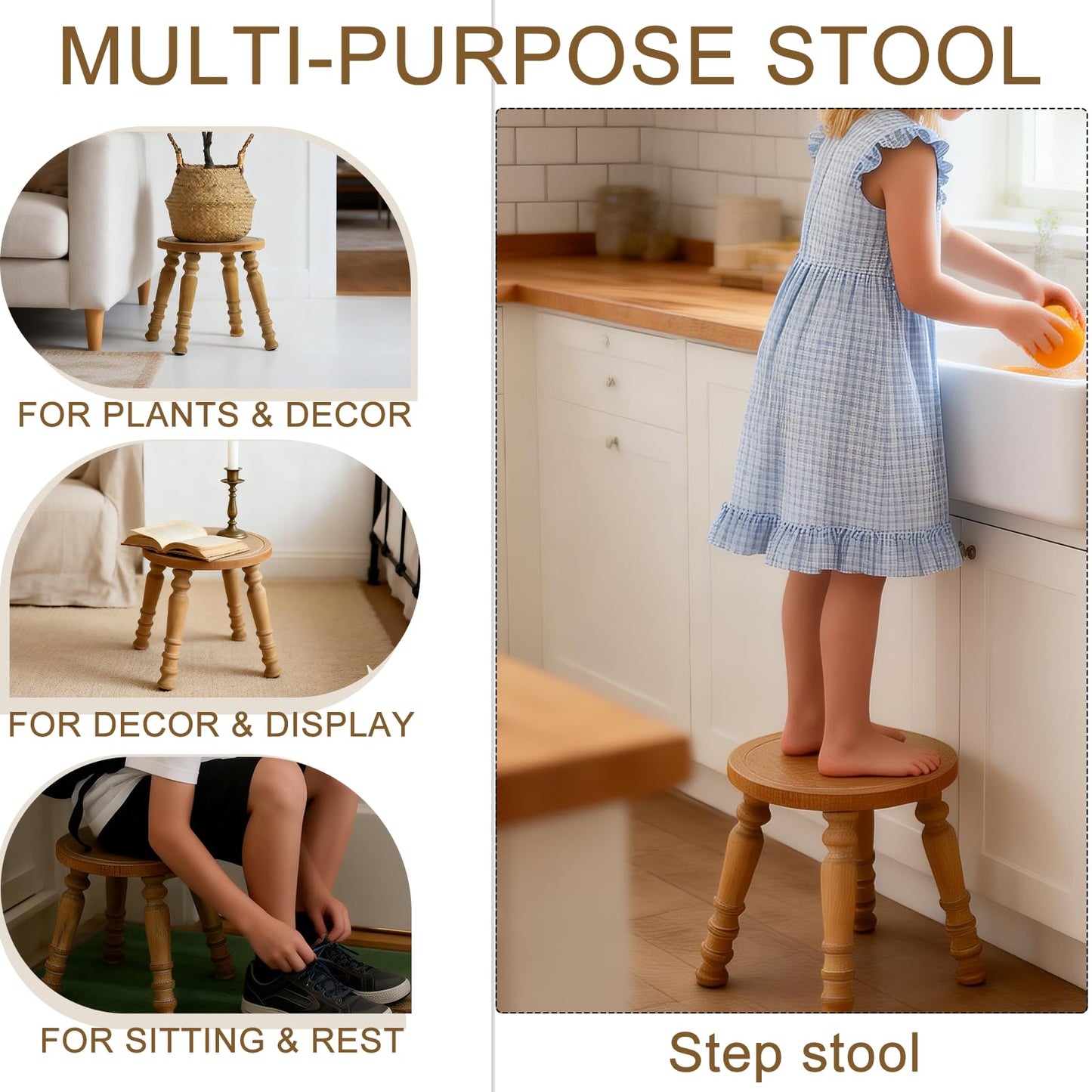HuiDao 100% Solid Wooden Step Stool, Small Wooden Stool for Adults, Wood Plant Stools, Small Round Stool for Bathroom, Kitchen, Bedroom, Plant Stand