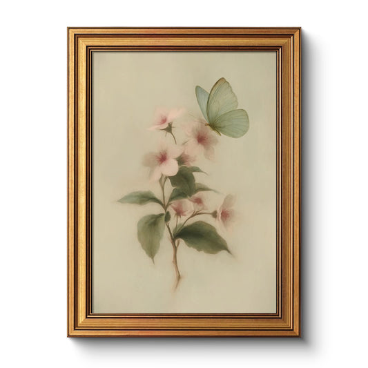 Vintage Botanical Print in Soft Pastel Tones Framed Wall Art, Gold Frame 12x16 Inch Butterfly and Flower Artwork, Floral Canvas Painting Print Living Room Bedroom Nature-Inspired Home Decor