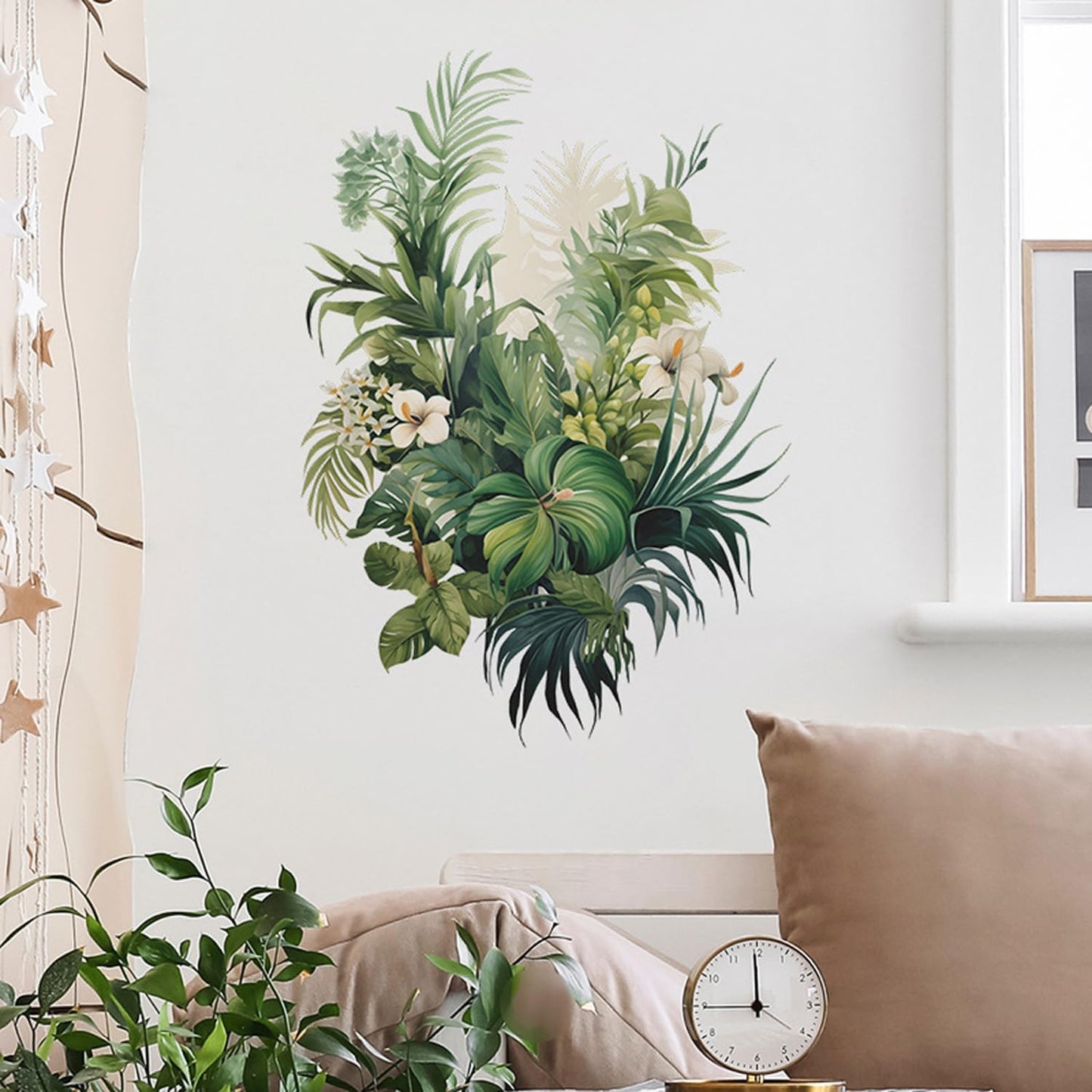 Tropical Plants Wall Decal, Peel and Stick Vinyl Stickers, Green Leaves and White Flowers, 22.4x15.7 inches