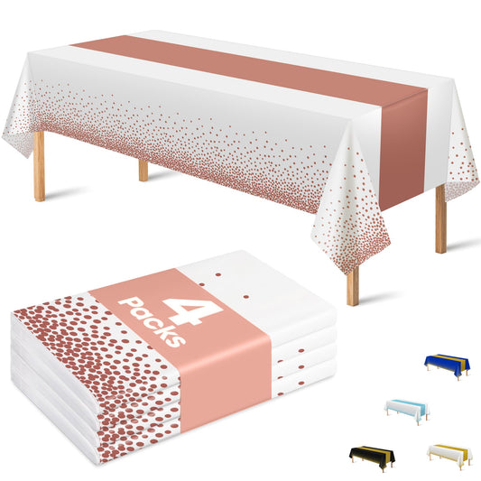 OHOME 4 Pack Disposable Plastic Table Cloths,White and Rose Gold Rectangle Table Covers for Birthday Mothers Day Decor Pink Sweet 16 Party Decorations - Baby Shower Decorations for Girl 54" x 108"