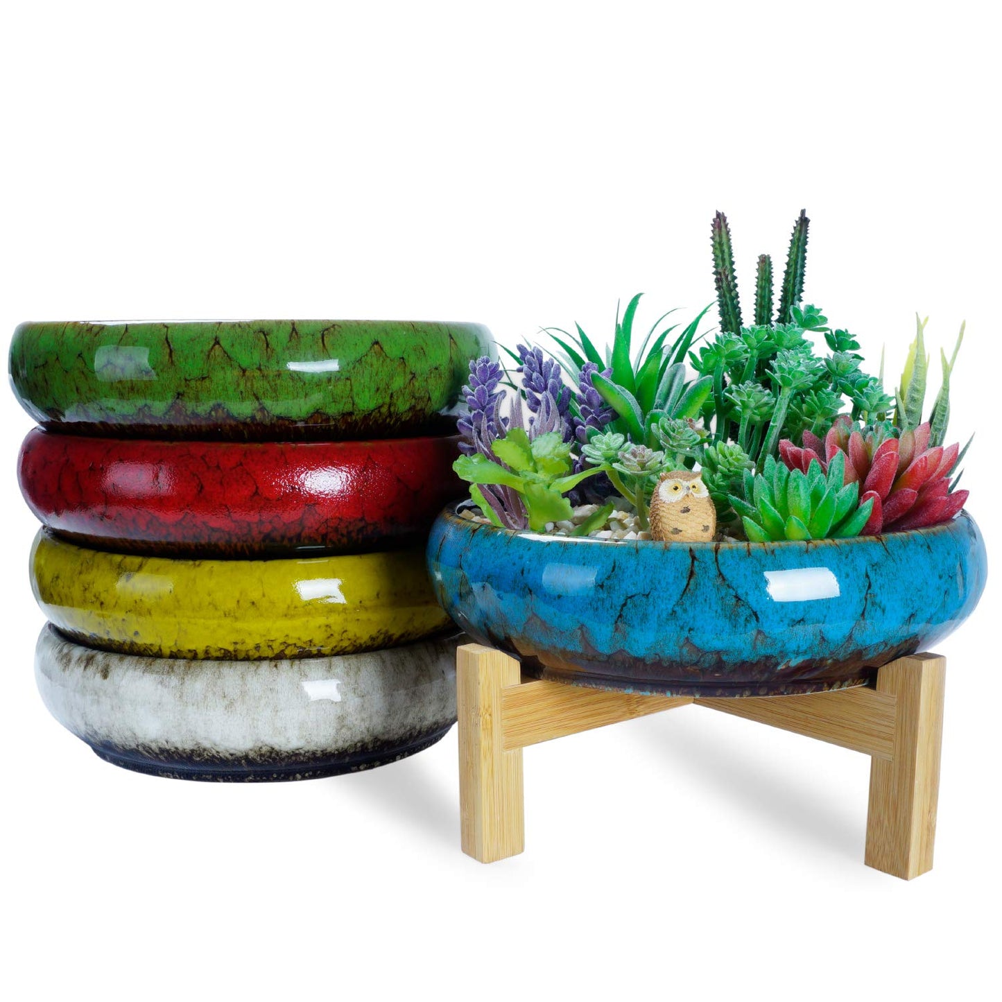 ARTKETTY Succulent Pots with Drainage - Large Succulent Planters with 2.2lb Mix Horticultural Lava Rock Pebbles, Planting Tools Set for Beginner- Shallow Bonsai Pot Ceramic Cactus Flower Plant Pot