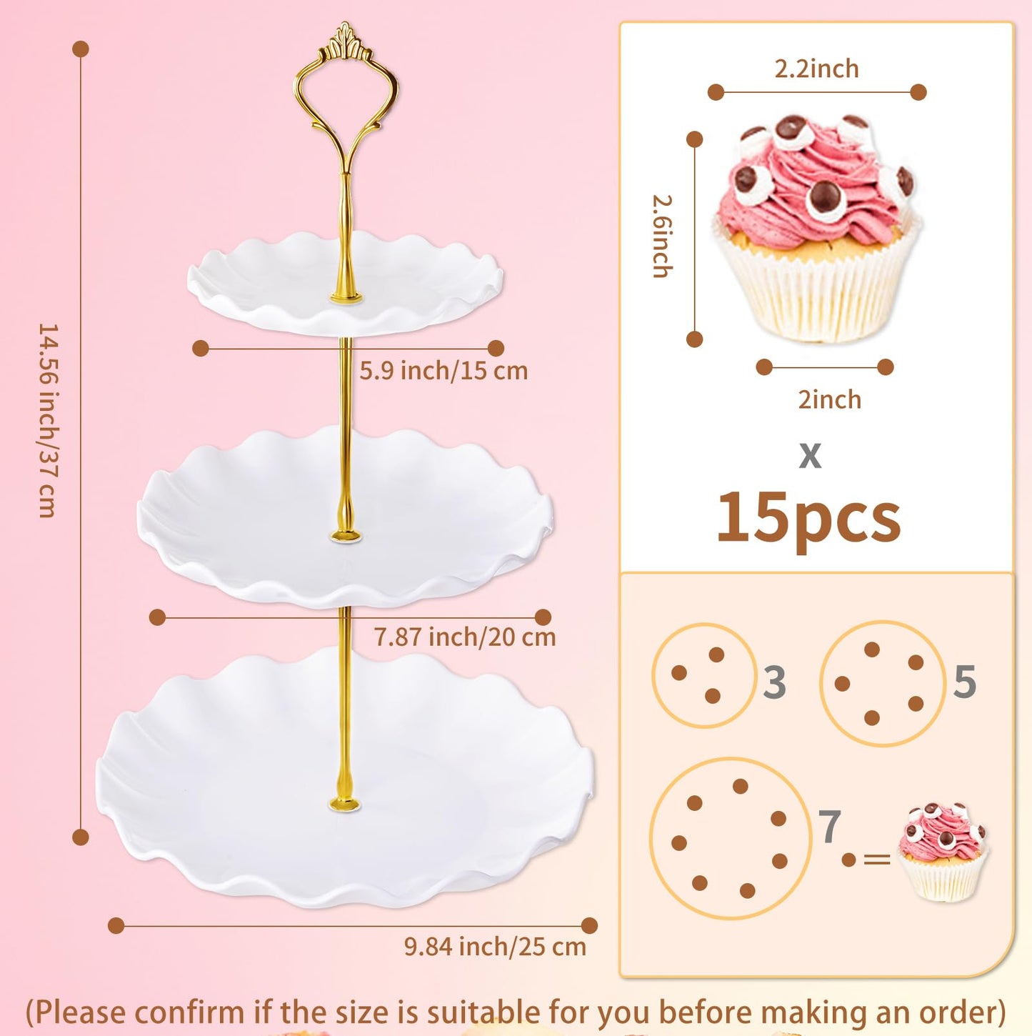 BACUTHY 3 Tier Cupcake Stand Holder, Plastic Cup Cake Stand Towel with Tiered Serving Tray for Cupcakes, Donuts, Fruits and More, White (White)