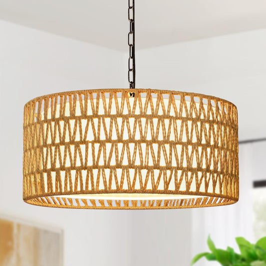 Farmhouse Chandelier Light Fixture, 5-Light Rattan Boho Chandeliers for Dining Room, Hand Woven Pendant Light with Linen Shade, Rustic Hanging Lighting for Kitchen Island, Bedroom (Bulb Not Included)