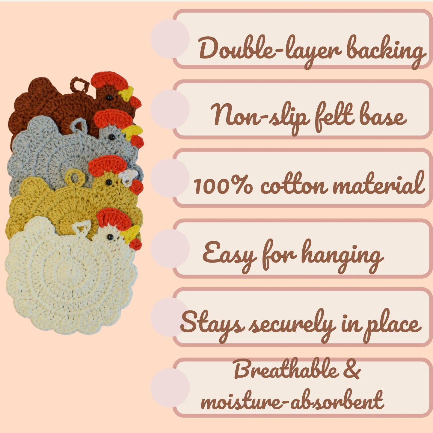 Handmade Crochet Chicken Coasters Set of 4, Mom, Stuffed Animal-Themed Drink Coasters, Cute Desk Accessories, Home Decor, Tabletop Protection, Crazy Chicken Lady Must Have