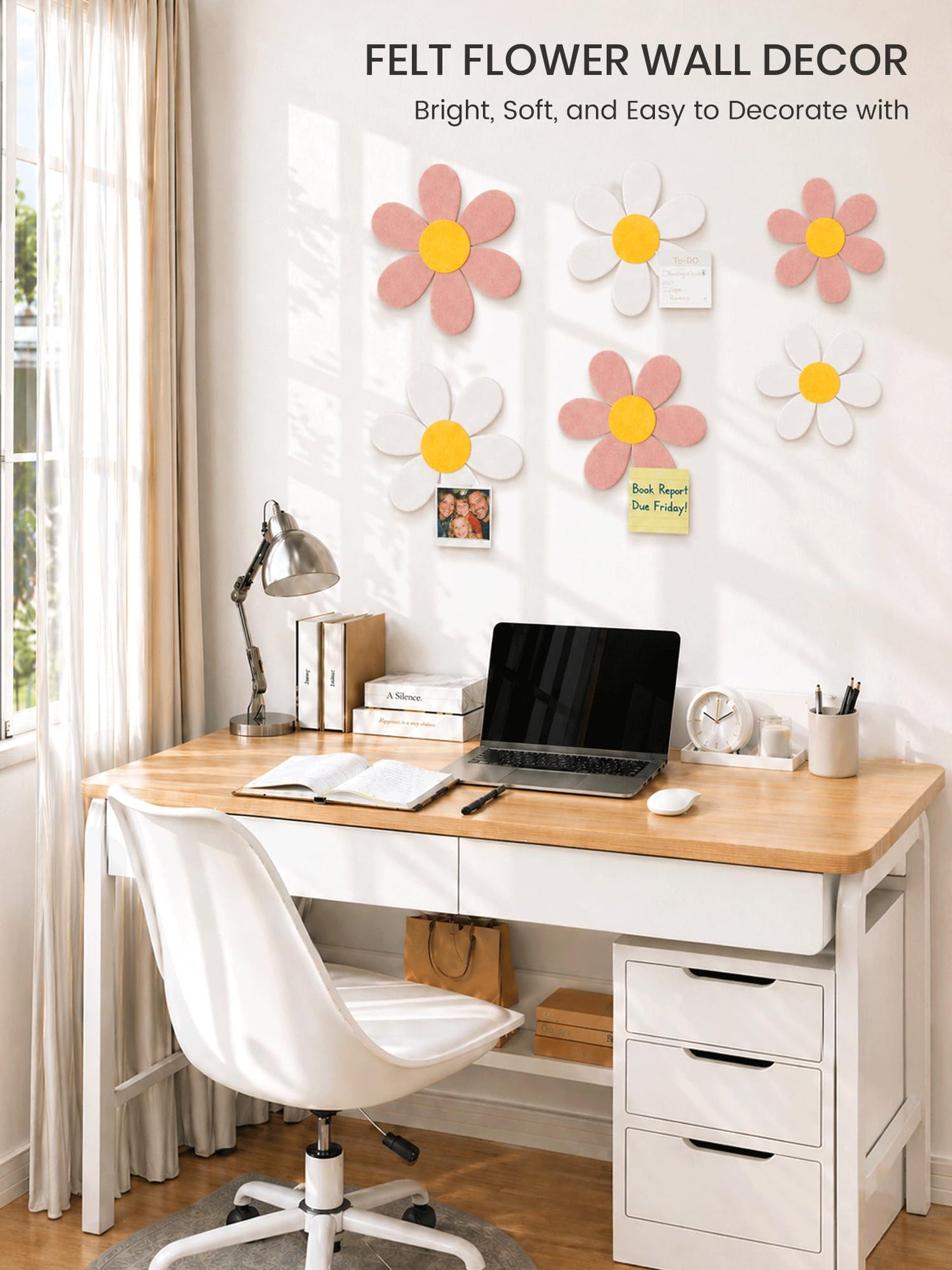 Fluxynara 6 PCS Daisy Felt Flower Wall Decor, Daisy Bulletin Board for Nursery & Girl Room, 3-Size Acoustic Felt Wall Art for Bedroom, Baby’s Room, Kids’ Spaces, Pink/White