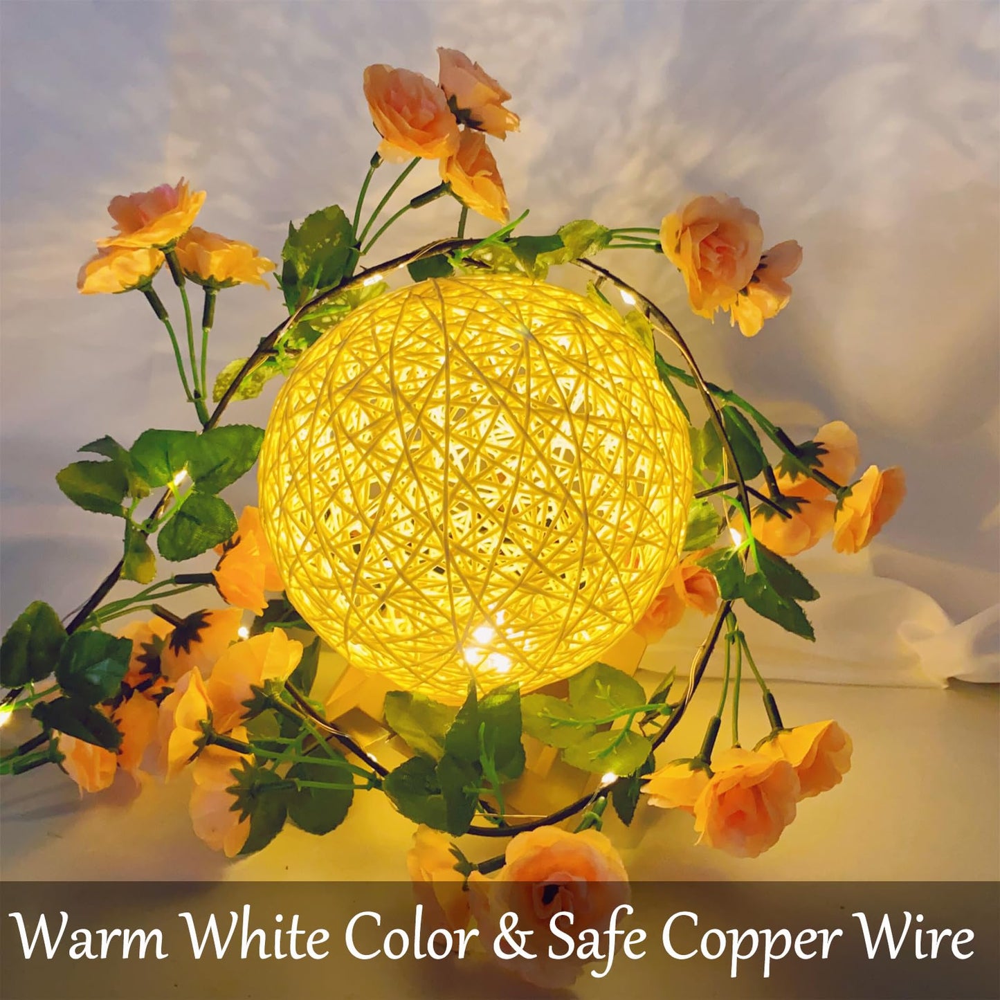 Fielegen Artificial Flower Garland with 20 LED String Lights, 6FT Hanging Rose Flower Vine Garland Decorations for Garden Wedding Flower Table Decor Birthday Party Indoor Bedroom Wall Room