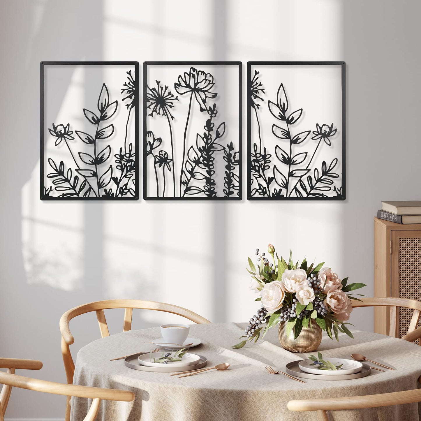 Therwen 3 Pcs Black Metal Wall Art Minimalist Wall Decor for Bedroom Flowers Decor Hanging Flower Bathroom Art Flower Line Sculpture Kitchen Decoration 16.5 x 9.8 Inch(Cute Style)