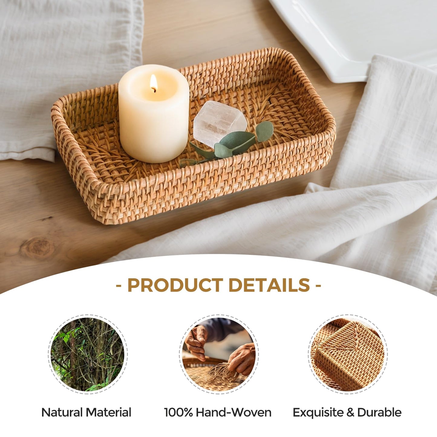 Small Rattan Serving Tray, Woven Rectangle Traykey Bowl for entryway, Natural Wicker Trays Key Bowl Decorative Baskets for Coffee Table, Kitchen, Bathroom