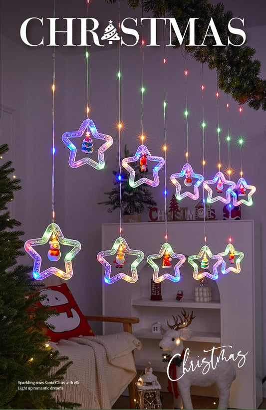 Frethind 100L Christmas Star Curtain Lights with Decorative Ornaments - 10 Star Hanging Loop Lights, 0.4/0.6m Height, 2m Power Cord, Perfect for Christmas Decoration, Suitable for Everyone