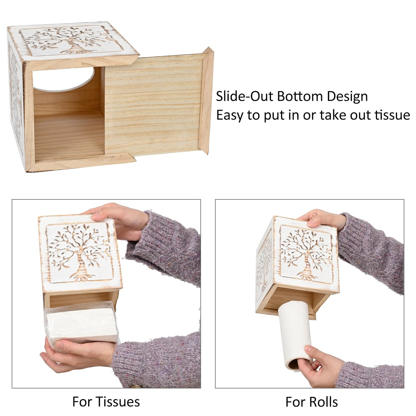 SwallowLiving Wooden Tissue Box Cover Square - Weighted Farmhouse Facial Tissue Holder with Sliding Bottom - Distressed White Tree of Life Dispenser for Bathroom Vanity, Bedroom & Living Room Decor