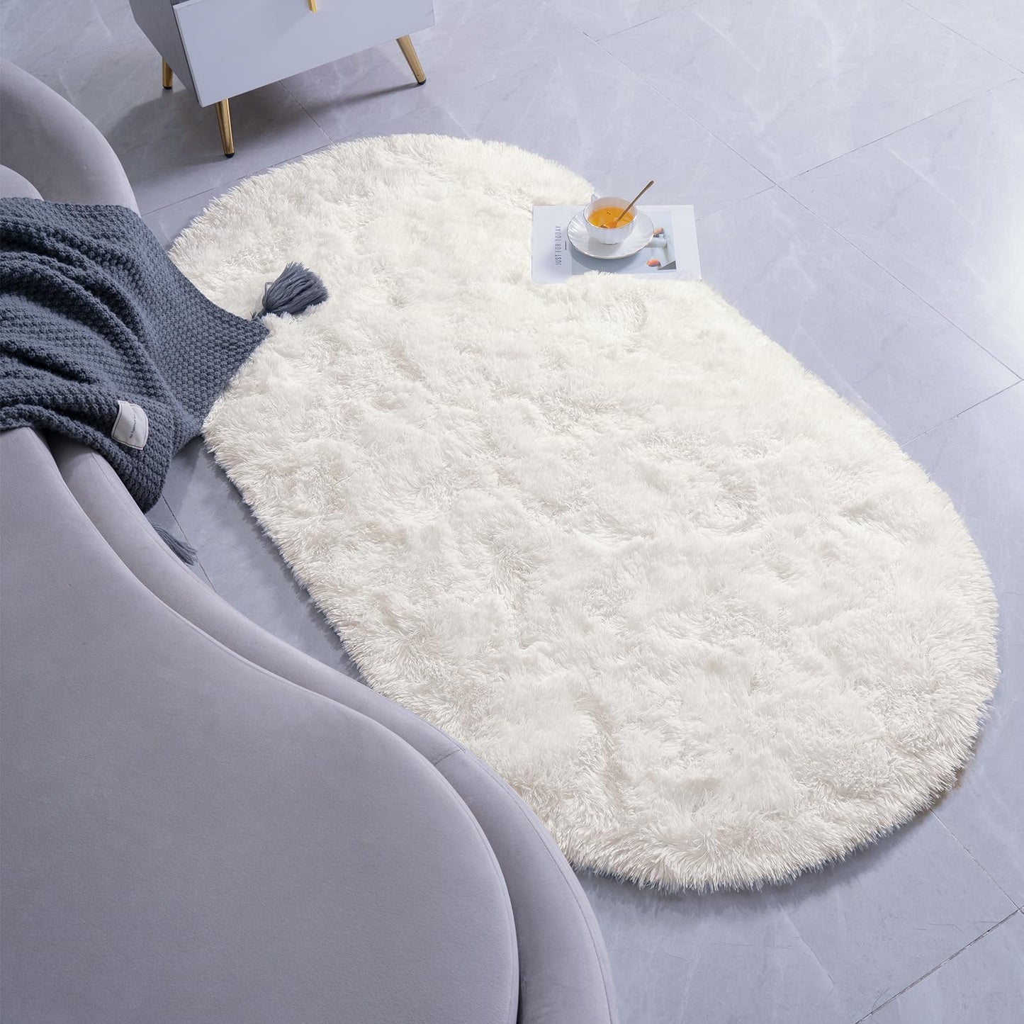 Goideal Fluffy Bedroom Rug, Small Oval Area Rugs, Cream Shag Bedside Carpet for Kids Room Nursery Dorm Cute Fuzzy Indoor Decor for Boy and Girl, 2.6 x 5.3 Feet