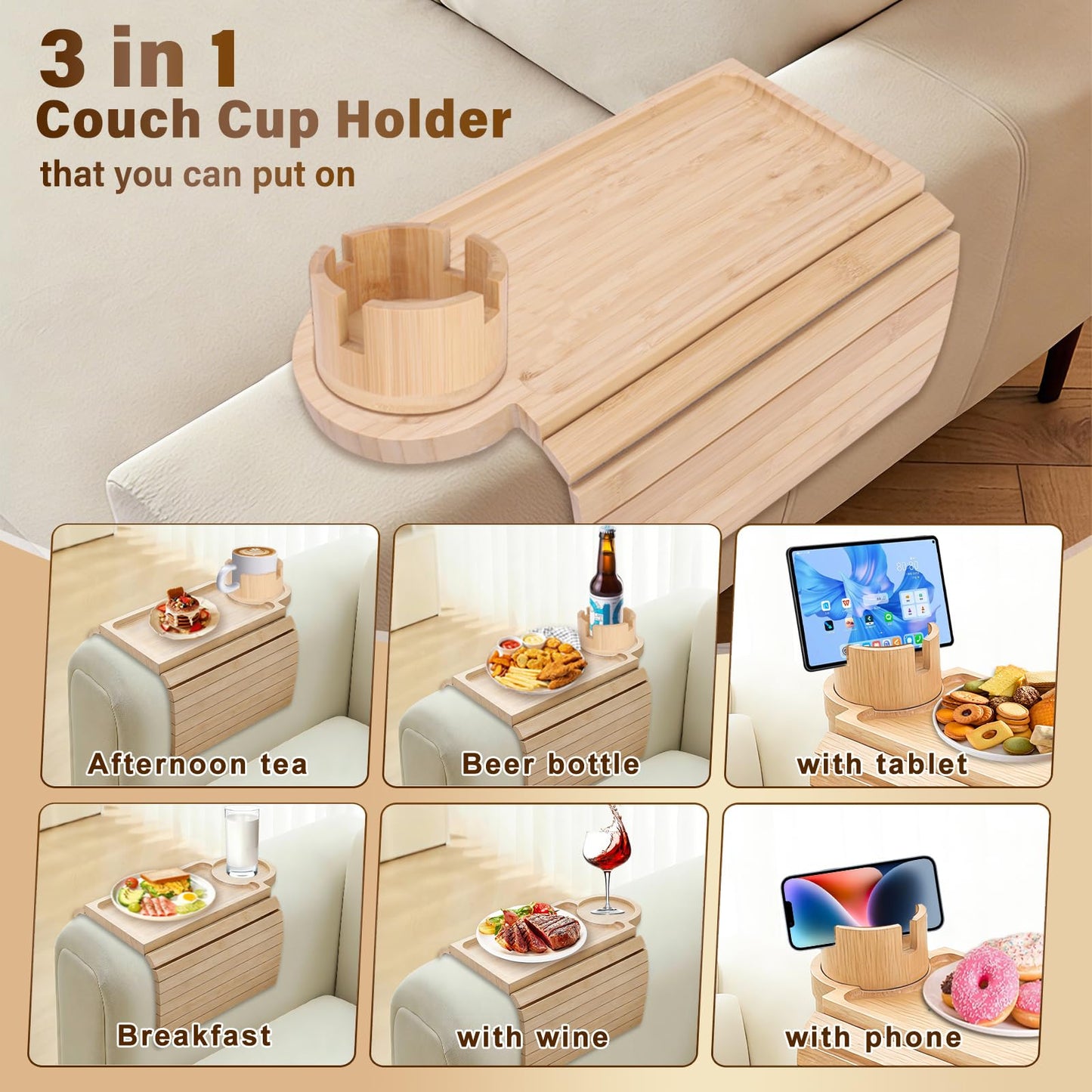 Couch Cup Holder Tray, 3-in-1 Bamboo Couch Armrest Table with 360° Rotating Magnetic and Detachable Phone Holder Stand, Foldable Anti-Slip Sofa Arm Tray for Remote, Phone, Snacks and Drinks