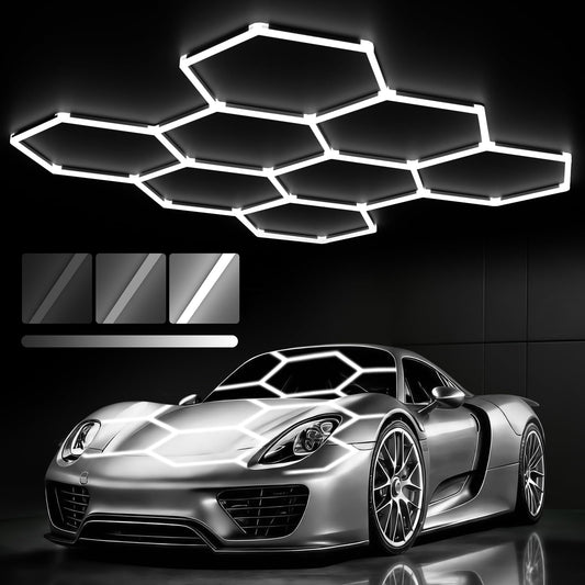 Glitgate Hexagon Led Lights 3 Level Dimmable, 245W 26950LM 8 Grid Hexagonal Shop Light, 6500K Daylight White Hex Lighting, Super Bright Garage Ceiling Lights for Gym, Basement, Workshop