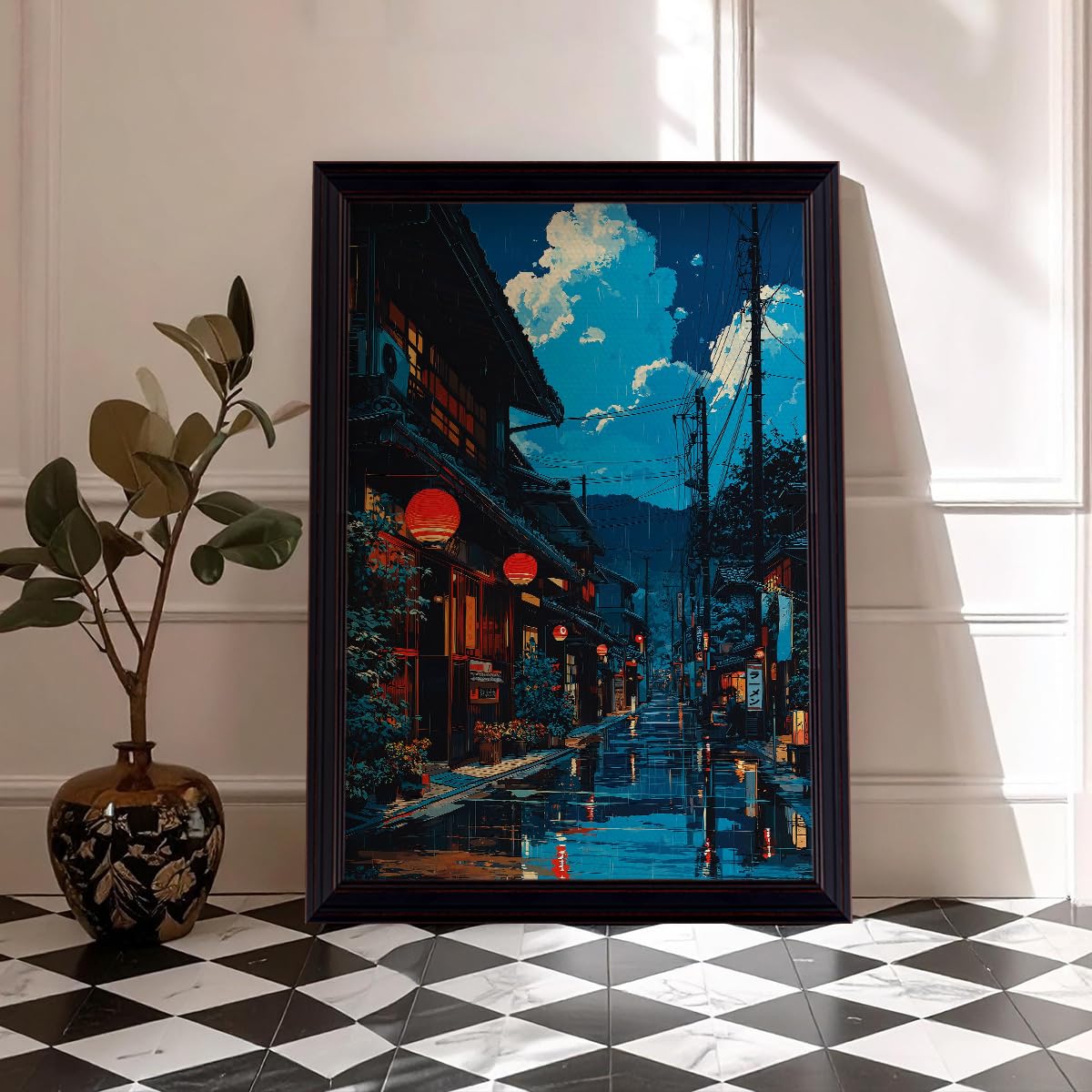 Framed Japanese Canvas Wall Art, Cartoon Style Tokyo Tea House Anime Poster, Modern Ukiyo-e City Street Cafe Scene Painting, Asian Japandi True-to-life Fine Art Print for Bedroom 8x10in