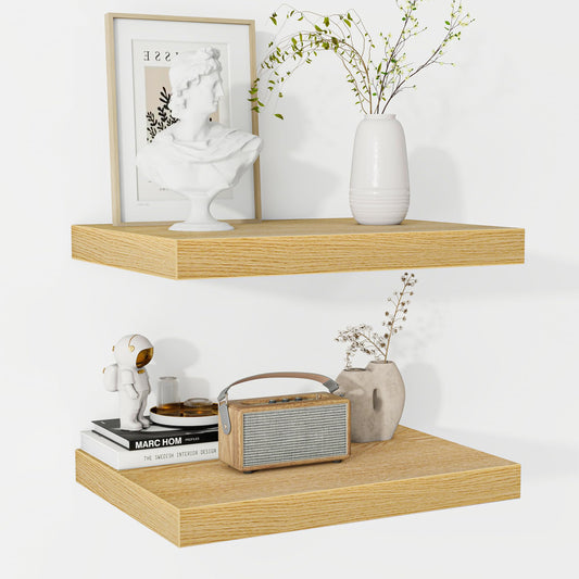 Fun Memories Floating Shelves - 2 Pack 12 Inch Rustic Wooden Wall Shelves - Extra Deeper & Thicker Wall Mounted Storage Shelf for Living Room, Kitchen, Farmhouse - 16" W x 12" D x 1.5" H - Oak
