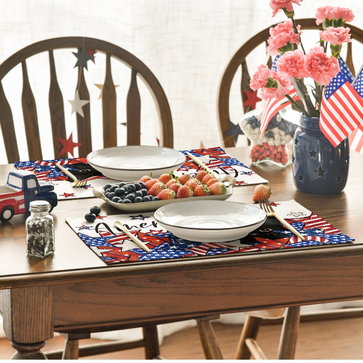 Artoid Mode Stars Black Cat Patriotic 4th of July Placemats Set of 4, 12x18 Inch Memorial Day Holiday Table Mats for Party Kitchen Dining Decoration