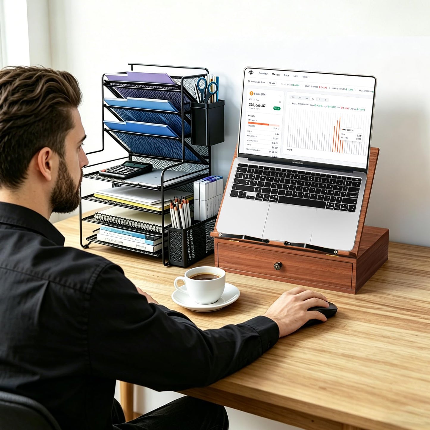 Book Stand with Storage, Book Holders for Reading Hands Free, Wooden Cookbook Stand with 4 Adjustable Height for Recipe,Magazine,Laptop,Tablet, Bible