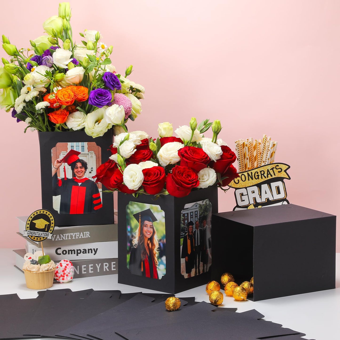 EQOREIIN 15 Pack Graduation Box Centerpieces for Table 6/7 Inch Photo Display，Picture Table Box Photo Props Frame for Grad Party Favors Birthday Wedding Dinner Party Graduation Decorations（Black）