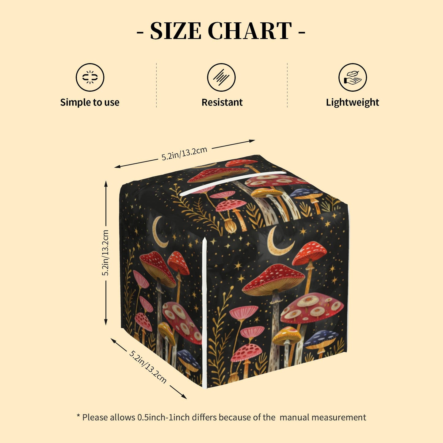 Colorful Mushrooms and Crescent Moon Tissue Box Cover Leather Tissue Box Holder Square Facial Paper Case Organizer Dispenser for Bathroom Vanity Countertop Tabletop Car Office