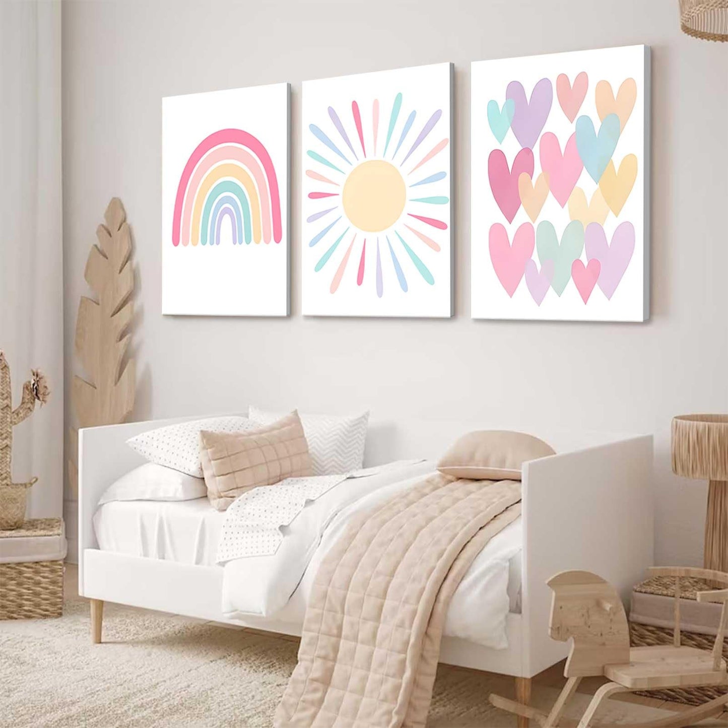 RCJARTI 3Pcs Pink Nursery Canvas Wall Art Rainbow Poster Kids Bedroom Baby Girls Toddler Pastel Wall Decor Prints Sun Boho Pink Sunshine Painting for Classroom School Nursery Decoration 12x16in