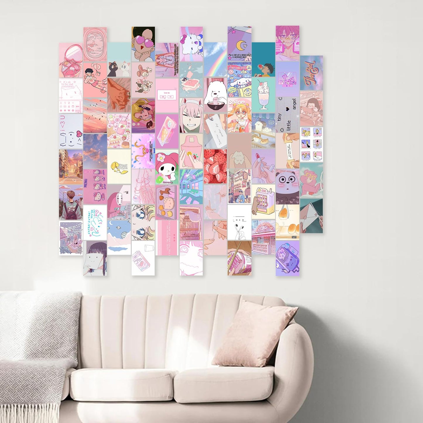 KBKBART Anime Aesthetic Wall Collage Kit, 70pcs Kawaii Room Decor, Pink Cartoon Assembled Print Card Set, Anime Photo Wall Collage Posters for Room Aesthetic, Cute Danish Pastel Wall Art 4x6 for