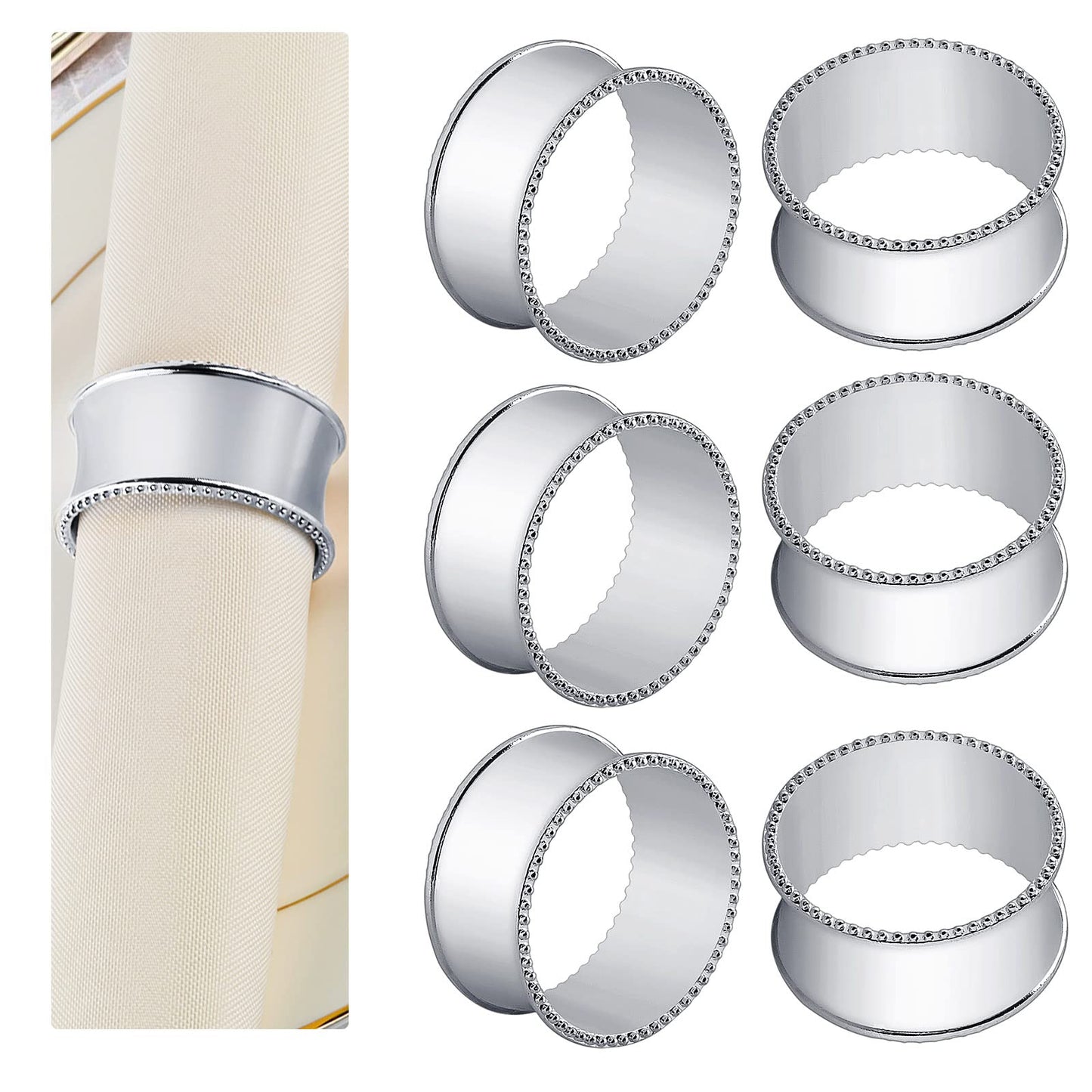 Frjjthchy 6 Pcs Stainless Steel Bead Side Napkin Rings Delicate Serviette Buckles (Silver)