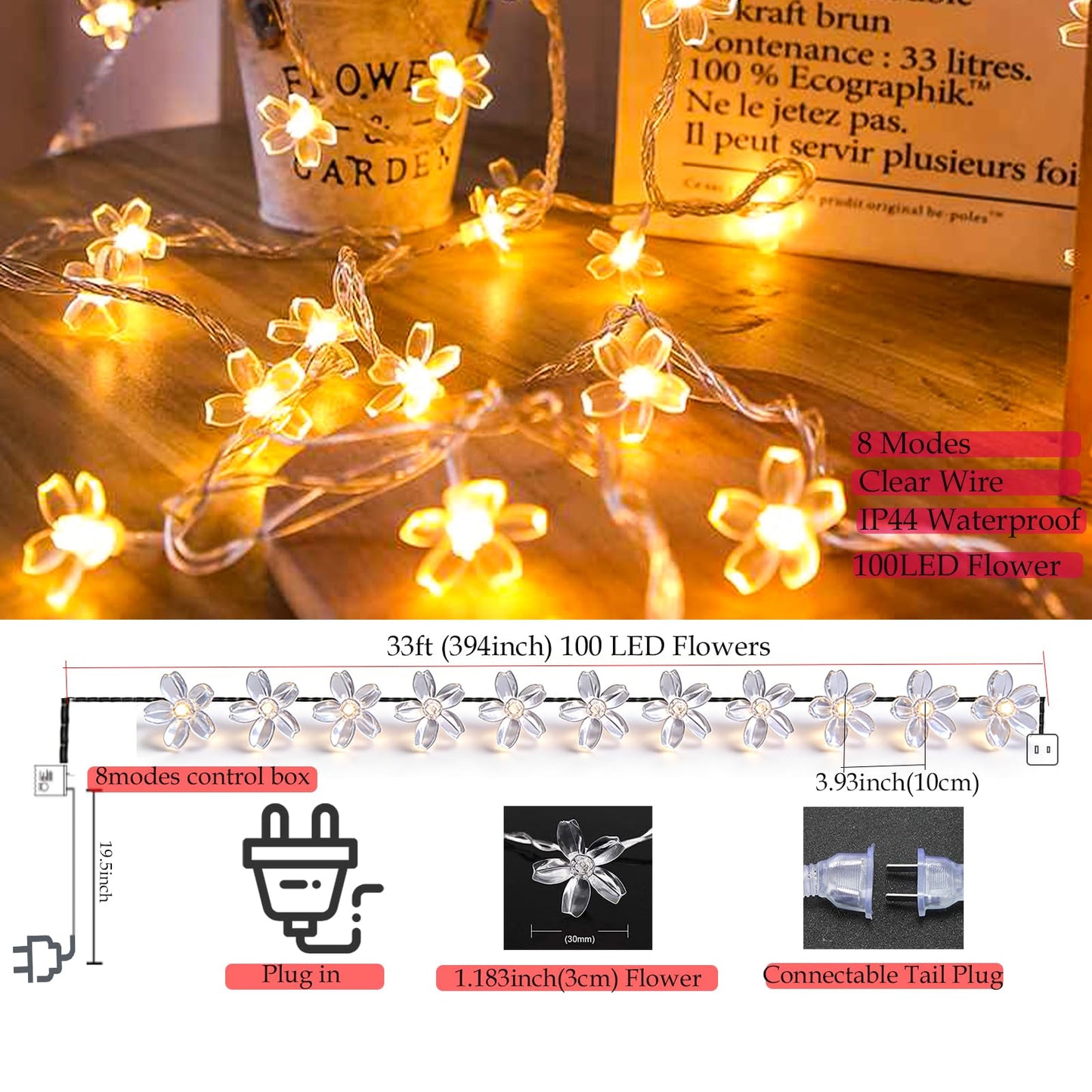 Indoor Decorative Flower String Lights, 33ft 100 LED Plug in Fairy Twinkle Cherry Blossom Floral Lamp for Bedroom Window Wall Ceiling Tree Hanging, Christmas Easter Birthday Decor (Warm White)