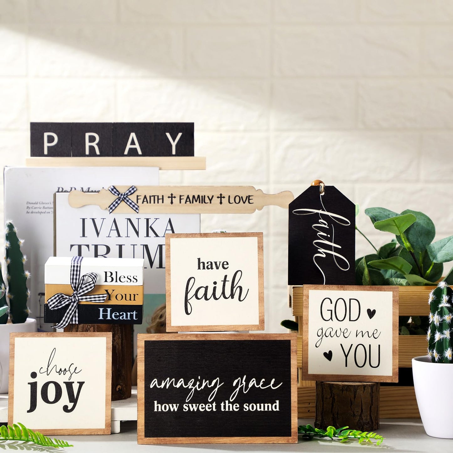 Tatuo 13 Pcs Easter Tiered Tray Decor Set Religious Wooden Table Decor Faith Christian Easter Centerpieces Decorations Rustic Farmhouse Pray Cross Wood Block Signs for Home Church Tabletop