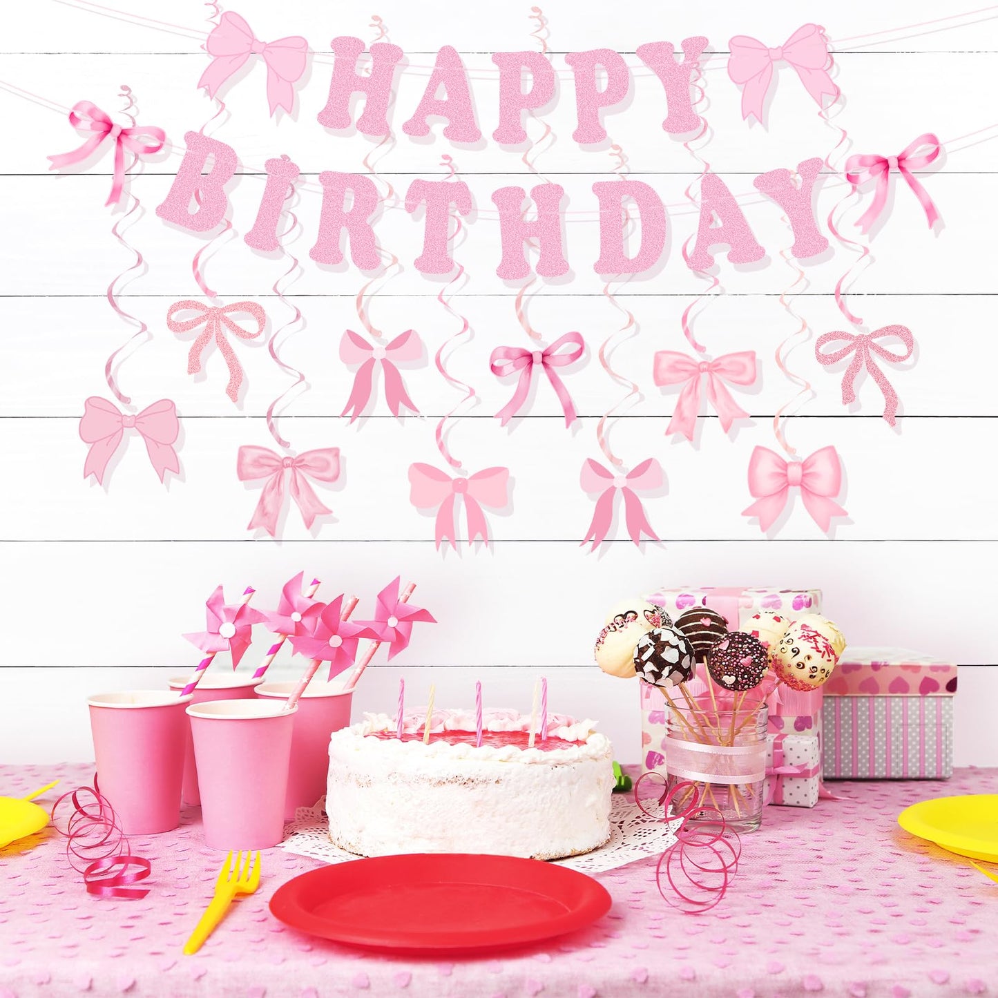 Bow Birthday Party Decorations, Cute Pink Bow Birthday Banner Bows Party Hanging Swirls Set for Women Girls Bows Party Decorations, Baby Shower Party Decor Supplies