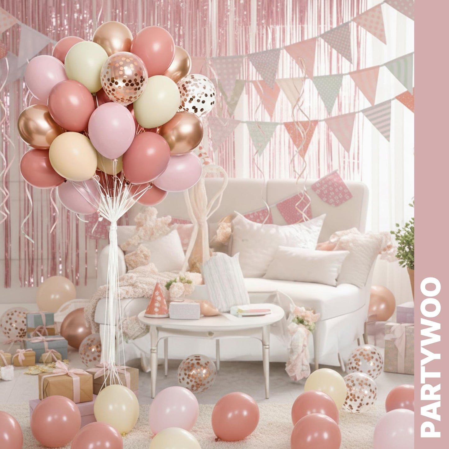 PartyWoo Dusty Pink Balloons 66pcs 12 Inch Blush Rose Pink Metallic Rose Gold Nude Boho White Sand Confetti Balloons for Baby Shower Birthday Gender Reveal Wedding Anniversary Party Decorations