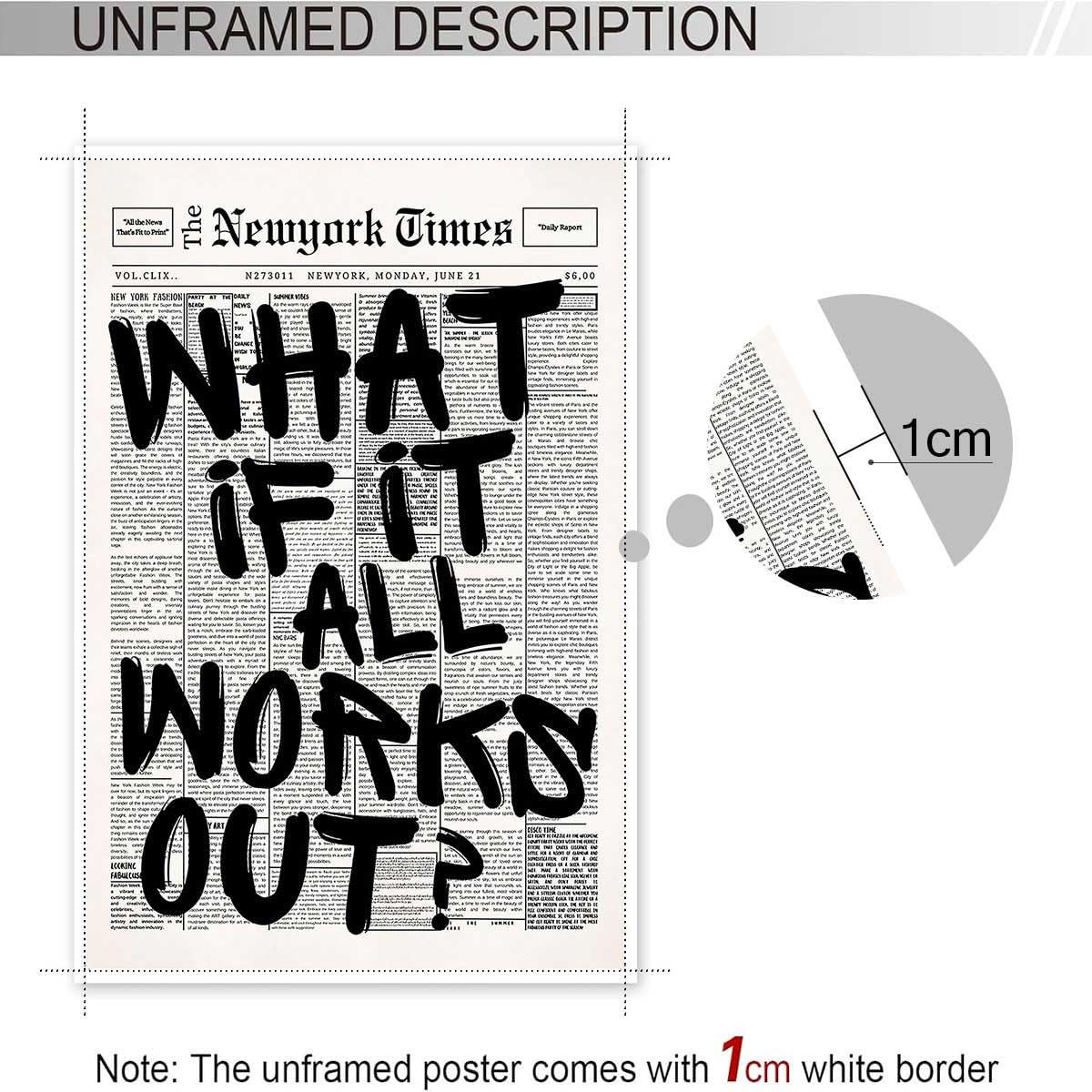 Retro Black And White Newspaper Poster What If It All Works Out Canvas Wall Art Positive Affirming Quote Minimalist Prints Painting For Home Bedroom Dorm Wall Decor 12x16in Unframed