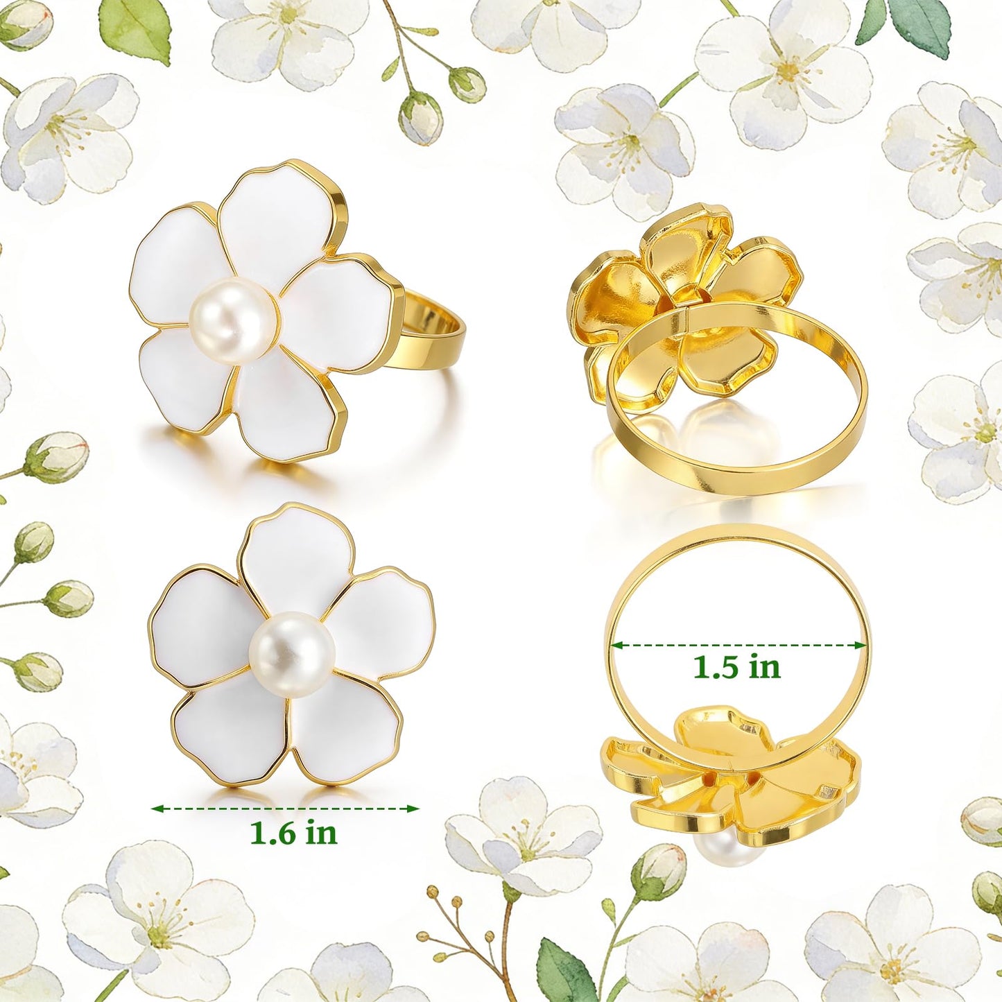 BEAVOING White Flower Napkin Rings Set of 12, Holiday Gold Peal Napkin Ring Holders for Dinner Setting Decoration, Wedding, Baby Shower,Easter, Thanksgiving, Christmas, Party